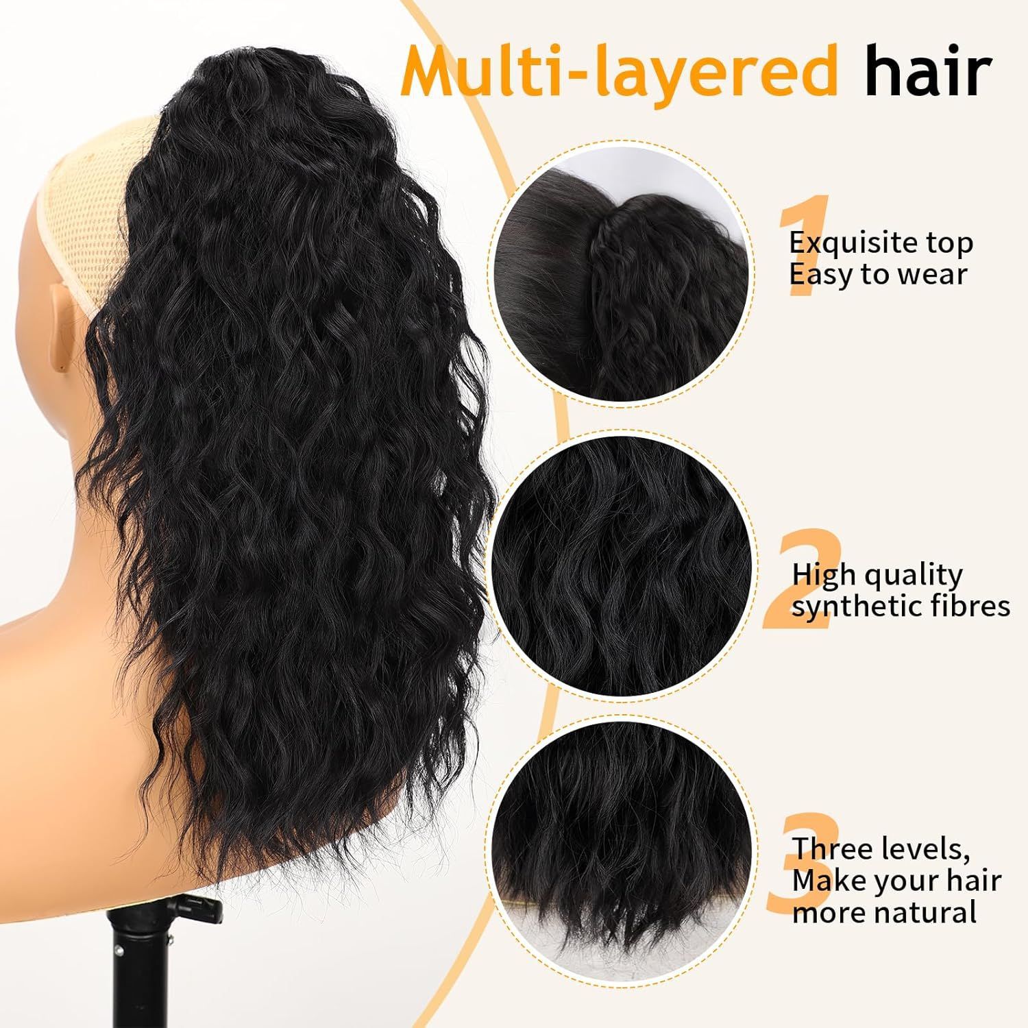 Women’s Curly Wavy Ponytail Hair Extension – 18 Inch Natural-Look Synthetic Hair, Easy Clip-On