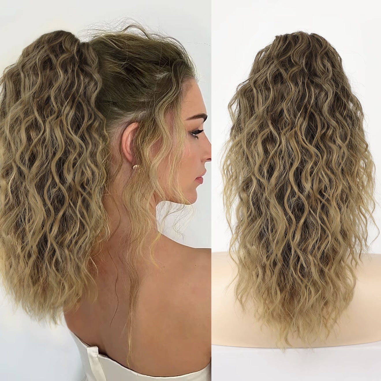 Women’s Curly Wavy Ponytail Hair Extension – 18 Inch Natural-Look Synthetic Hair, Easy Clip-On