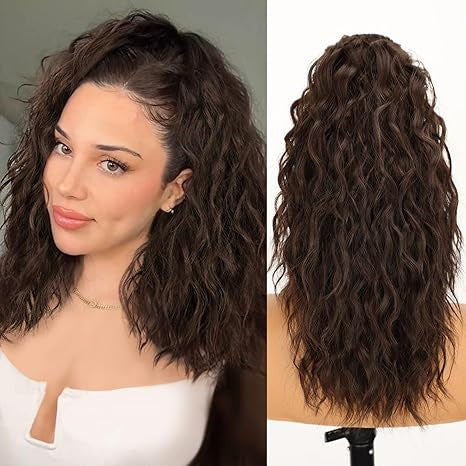 Women’s Curly Wavy Ponytail Hair Extension – 18 Inch Natural-Look Synthetic Hair, Easy Clip-On