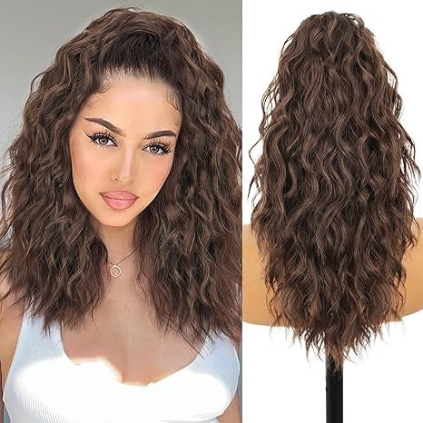 Women’s Curly Wavy Ponytail Hair Extension – 18 Inch Natural-Look Synthetic Hair, Easy Clip-On
