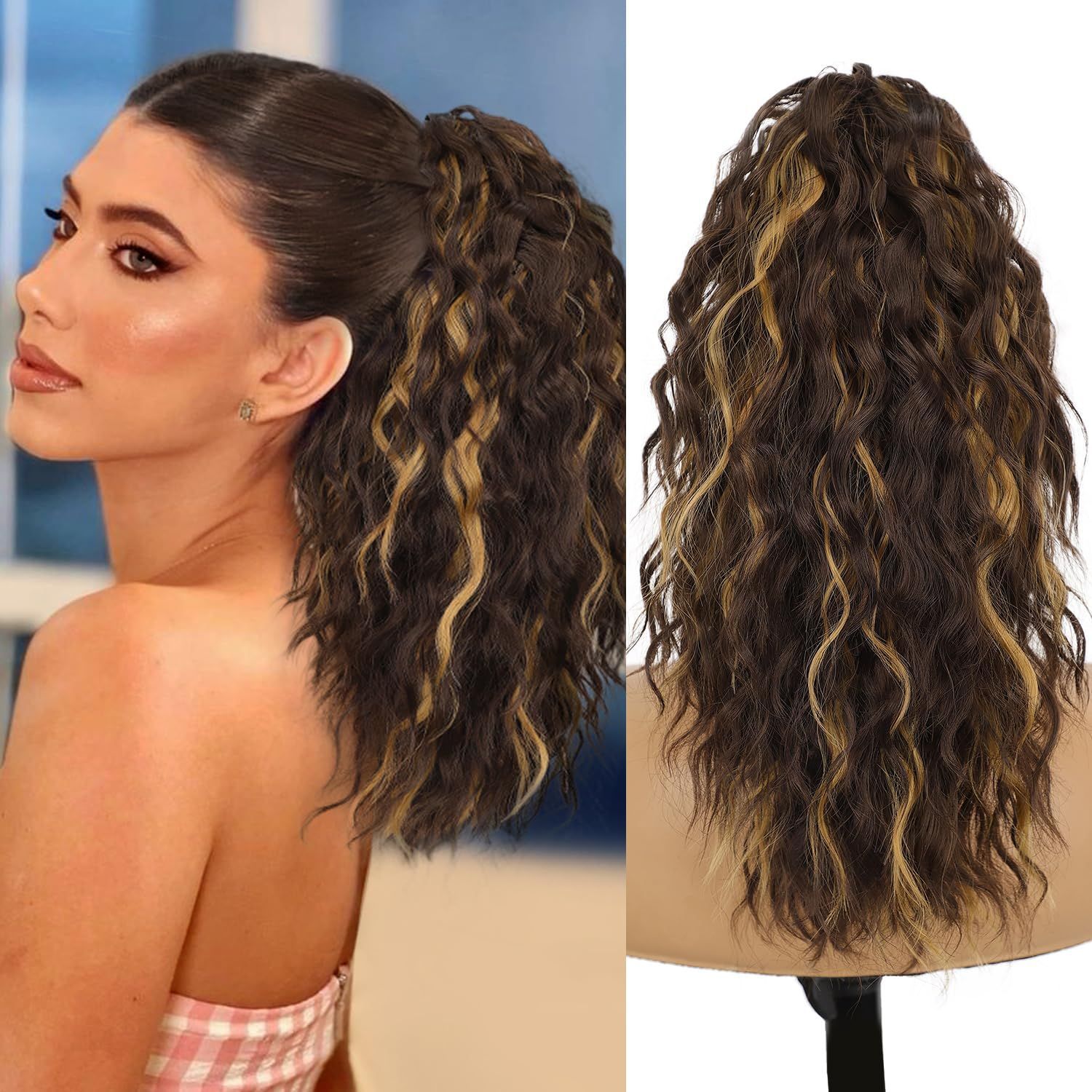 Women’s Curly Wavy Ponytail Hair Extension – 18 Inch Natural-Look Synthetic Hair, Easy Clip-On
