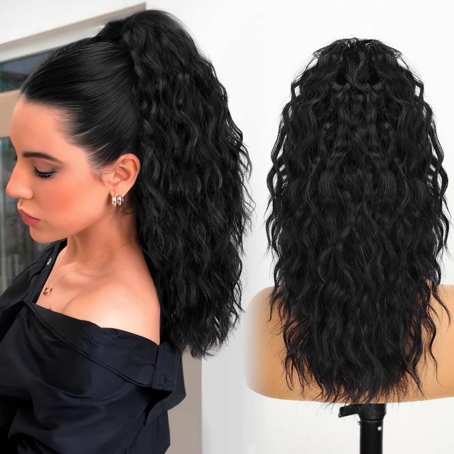 Women’s Curly Wavy Ponytail Hair Extension – 18 Inch Natural-Look Synthetic Hair, Easy Clip-On